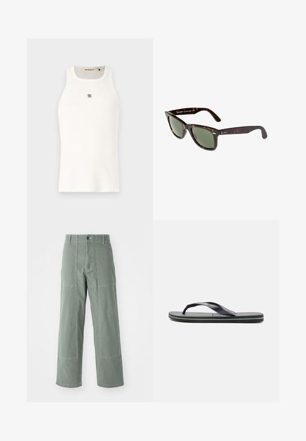 Weißes ärmelloses Tanktop aus geripptem Stoff, mit einem kleinen grauen Logo auf der Brust. Einfaches Design mit Rundhalsausschnitt.; Grüne Cargo-Hosen mit lockerer Passform, ausgestattet mit aufgesetzten Taschen, kontrastierenden Nähten, einem vorderen Knopfverschluss und einem geraden Bein-Design.; Schwarze Flip-Flops mit einem strukturierten Fußbett, dünnen Riemen und einer Gummisohle, die an der Unterseite eine grüne und blaue Akzentlinie aufweist.; Wayfarer-Sonnenbrille mit dunklem Schildpatt-Kunststoffrahmen, grünen Gläsern und silbernem Ray-Ban-Logo am Bügel.