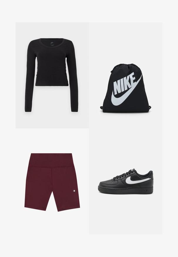Langærmet, cropped t-shirt i ensfarvet sort bomuld. Har en rund halsudskæring og let sideflæse for et tætsiddende look.; Bordeaux atletiske shorts med en glat tekstur, der har en bred talje og en subtil logo detalje nær kanten. Designet er i midt-lår længde.; Sorte Nike Air Force 1 sneakers med en glat læderoverdel, hvid logoaccent, perforeret tå og struktureret gummisål.; Sort snorepose med et stort hvidt Nike-logo. Lavet af letvægtsstof med en glat tekstur og afrundet form.