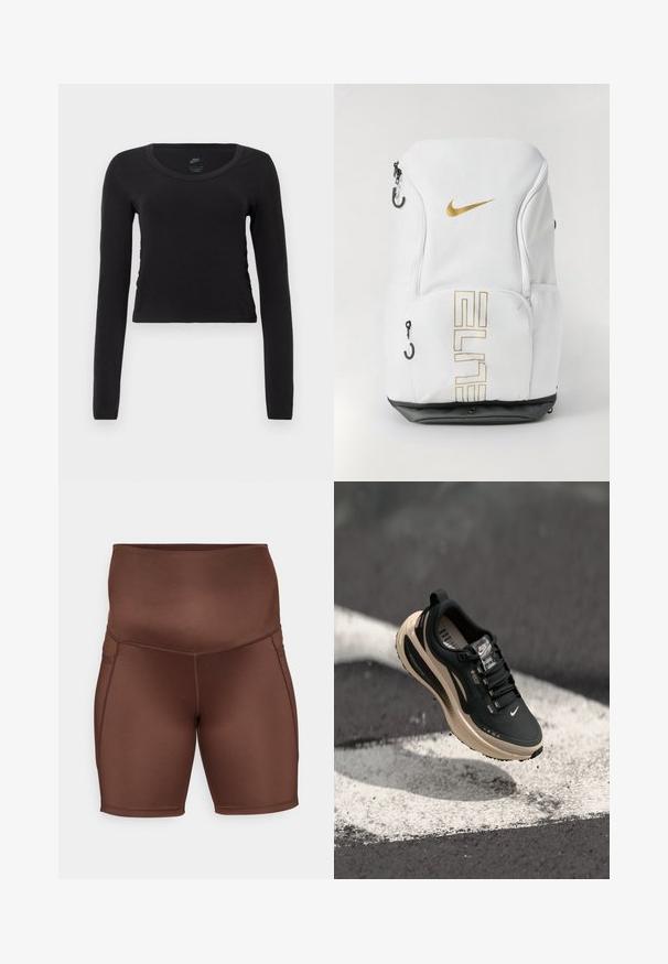 Pikade särgid, lühikeste varrukatega lühikese seljaga mustast puuvillast. Omab ümmargust kaelust ja kerget külje kokkuvõtet, et saavutada vormitud välimus.; Pruunid kõrge vöökohaga lühikesed püksid, mis on valmistatud siledast, venivast kangast. Neil on küljeõmblused ja kehasse istuv lõige, sobivad sportlikuks kandmiseks.; Must mustandiga must värvi spordijalanõu, millel on tekstuuriga ülemine osa, tõstetud konts ja beež vaheosa. Omab nööre, külglogo ja pehmendusega pöidlaosa.; Nike seljakott valge värviga, kuldse logo ja "ELITE" tekstiga, tõmblukkidega, võrkküljetaskutega ja musta alusega. Sile tekstuur.