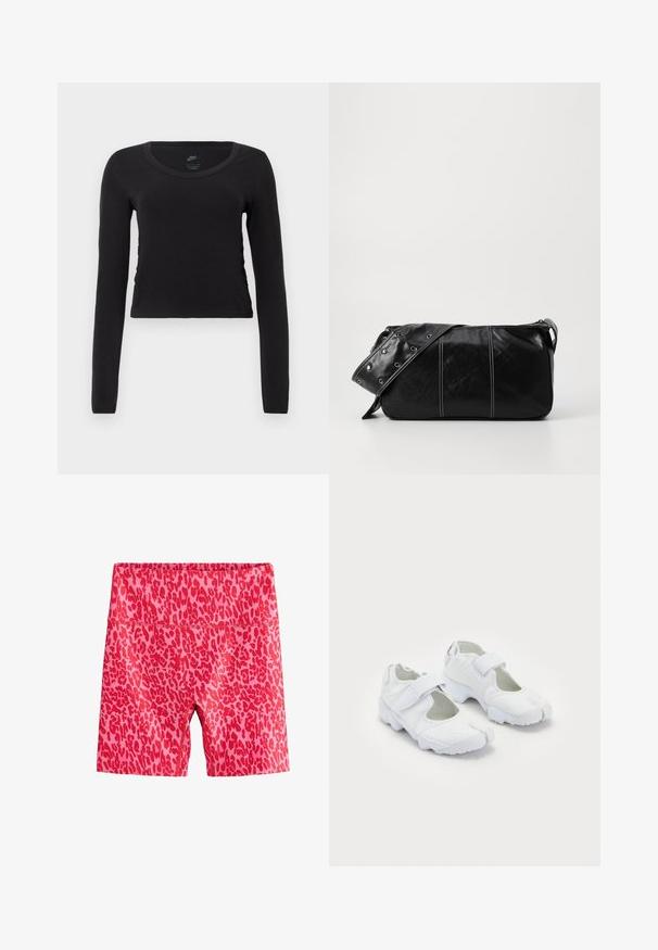 Hosszú ujjú, rövid fazonú póló tiszta fekete pamutból. Kerek nyakkivágással és enyhe oldalsó ráncolási részlettel rendelkezik, amely szorosabb megjelenést kölcsönöz.; Rózsaszín rövidnadrág, vörös leopárdmintával. Rugalmas anyagból készült, magas derék és térd alá érő fazon jellemzi.; Fehér sportcipők, amelyek texturált felsőrésszel, állítható tépőzárral, lekerekített orrral és jellegzetes mintázatú vastag talppal rendelkeznek.; Fekete bőr válltáska, cipzárral zárva, texturált felülettel, fehér varrással és ezüst fémgyűrűs pánttal.