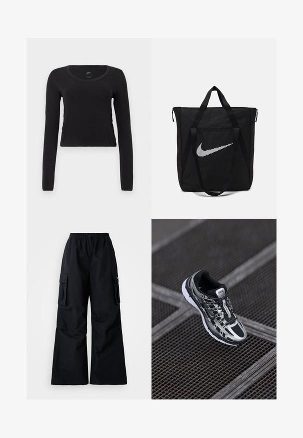 T-shirt de manga longa e cropped em algodão preto sólido. Apresenta um decote redondo e um leve detalhe de franzido nas laterais para um ajuste ajustado.; Calças cargo pretas com pernas largas, cintura elástica, cordão ajustável e dois bolsos laterais. Feitas de um tecido liso e leve.; Sapatilha de corrida Nike com um esquema de cores preto e prateado, parte superior em malha, sola texturizada e sistema de atacadores para um ajuste seguro.; Saco tote preto em nylon com duas alças resistentes e fecho com zíper. Apresenta um destacado logo branco da Nike em um design de listras horizontais.