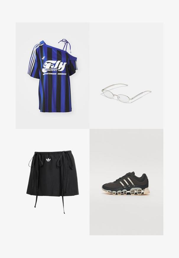 Zila un melna svītrota pārāk liela krekla ar vienu plecu atklāšanu, ar baltu drukātu tekstu un trim baltām svītrām uz piedurknes.; Melnas sporta svārki ar regulējamiem šnurkiem, priekšpusē ir mazs balts logo. Izgatavoti no viegla auduma ar gludu tekstūru.; Melna sporta apavi ar teksturētu augšdaļu, trim sudraba svītrām un atšķirīgu amortizācijas zoli, kas sastāv no vairākiem integrētiem sekvencēm.; Ovālas brilles ar metāliski sudraba rāmi, caurspīdīgām lēcām un teksturētām pērlīšu akcentiem uz tempļiem. Viegls dizains ar izliektiem kājiņām.