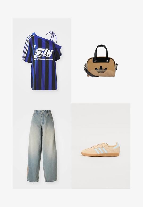 Sinine ja must triibuline üle mõõtme särk, millel on üks õlariba disain, sisaldab valget prinditud teksti ja kolme valget triipu varrukal.; Heledad sinine denimpüksid, laiad ja pleekinud viimistlusega. Omab ees taskuid, nupuväärdiga sulgemist ja peent logo vöökoha peal.; Persikka kudum sneakersid on varustatud helesiniste kolme triibuga, ümarate varvastega, tekstuurse ülaosaga ja pruunist kummist tallaga. Täiendavaid kaunistusi ei ole.; Kreemikäne käekott mustade läikivate nahkakatelementidega, ümmargune kuju, kahekordsed sangad ja esiküljel reljeefne must logo.