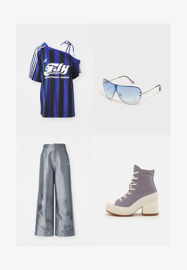 Maglietta oversize a righe blu e nere con un design a spalla scoperta, caratterizzata da testo stampato bianco e tre righe bianche sul maniche.; Pantaloni a gamba larga in materiale grigio lucido, con strisce laterali bianche e un motivo a fiamma sulla parte inferiore delle gambe. Chiusura con bottone e zip in vita.; Stivaletti alla caviglia viola in tela con lacci bianchi, punta in gomma e tacchi bianchi spessi. Suola texture per maggiore aderenza.; Occhiali da sole aviator con lenti blu sfumate, montatura in metallo argentato e decorazioni a forma di stella sulle lenti. Design liscio e sofisticato.
