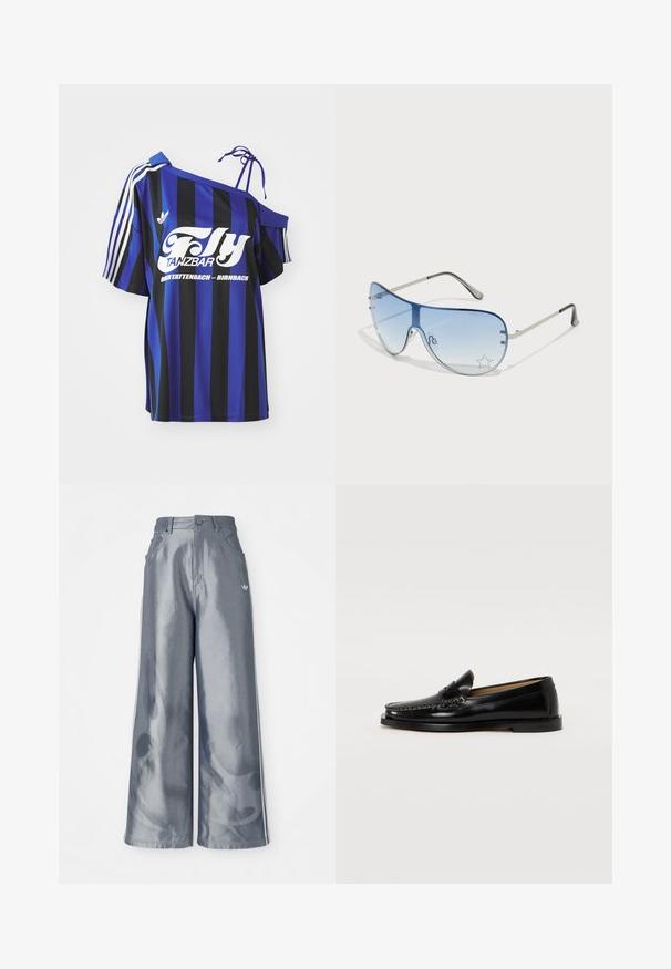Camisa de gran tamaño a rayas azul y negra con un diseño de un solo hombro, que presenta texto impreso en blanco y tres rayas blancas en la manga.; Pantalones de pierna ancha en material gris brillante, con rayas laterales blancas y un patrón de llamas en la parte inferior de las piernas. Cierre con botón y cremallera en la cintura.; Mocasines de cuero negro con punta redondeada, costuras decorativas y suela plana. Textura suave y diseño minimalista.; Gafas de sol tipo aviador con lentes azul degradado, montura de metal plateado y acentos decorativos de estrellas en los lentes. Diseño suave y elegante.