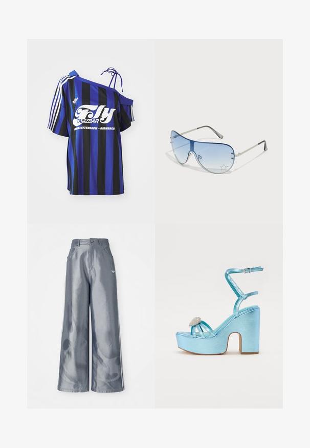 Niebieska i czarna, w paski oversize'owa koszula z jednym odkrytym ramieniem, z białym nadrukowanym tekstem i trzema białymi paskami na rękawie.; Szerokie spodnie w błyszczącym szarym kolorze, z białymi paskami po bokach i wzorem płomieni na dolnej części nogawek. Zapięcie na guzik i zamek błyskawiczny w talii.; Niebieskie metaliczne sandały na platformie z grubym obcasem, z krzyżującymi się paskami i ozdobnym akcentem na palcach.; Okulary przeciwsłoneczne typu aviator z gradientowymi niebieskimi szkłami, srebrną metalową oprawą oraz dekoracyjnymi akcentami w kształcie gwiazdek na soczewkach. Gładki i elegancki design.