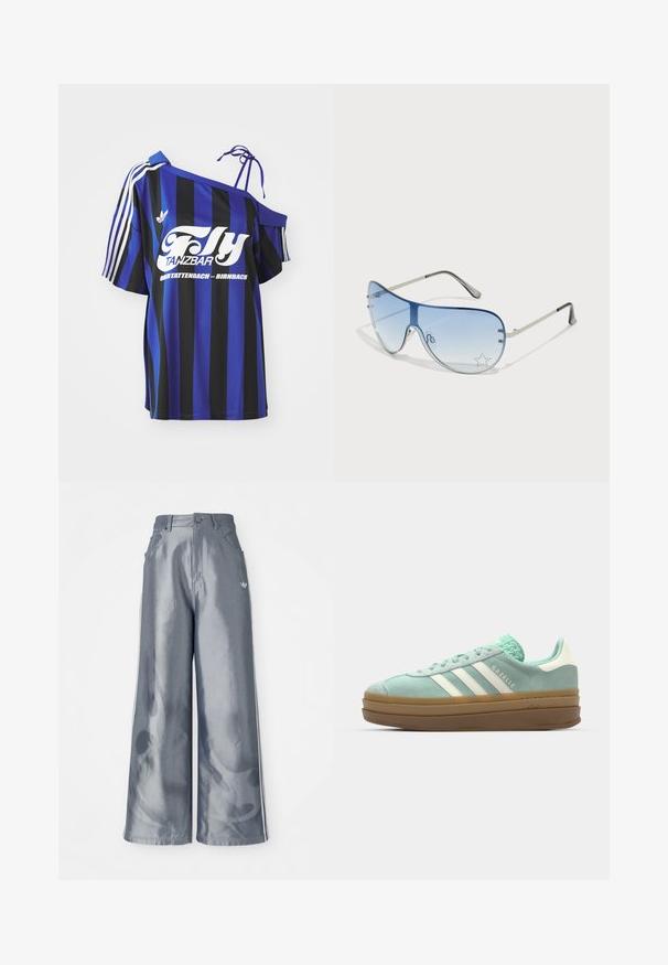 Blå och svart randig oversized skjorta med en off-shoulder design, prydd med vit tryckt text och tre vita ränder på ärmen.; Vida byxor i glänsande grått material, med vita sidosträck och en lågmönster på nederdelen av benen. Knappar och dragkedja vid midjan.; adidas Originals GAZELLE BOLD - Sneakers - ash green/off white; Pilotglasögon med gradientblå linser, silverfärgad metallram och dekorativa stjärnaccenter på linserna. Snygg och elegant design.