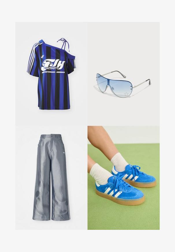Sinine ja must triibuline üle mõõtme särk, millel on üks õlariba disain, sisaldab valget prinditud teksti ja kolme valget triipu varrukal.; Laiad püksid läikivast hallist materjalist, valgete külgtriipudega ja põlevate mustritega alumistes jalgades. Nööp ja lukku kinnitamine vööl.; Sinine nubukist sneakerite jalanõud valgete triipudega, kummist talla, ümarate varvaste ja kangast paeltega. Kombineeritud kreemivärvi sokkidega rohelisel pinnal.; Aviatori prillid, millel on gradient sinine objektiiv, hõbedane metallraam ja dekoratiivsed staaraktsendid objektiivil. Sujuv ja stiilne disain.