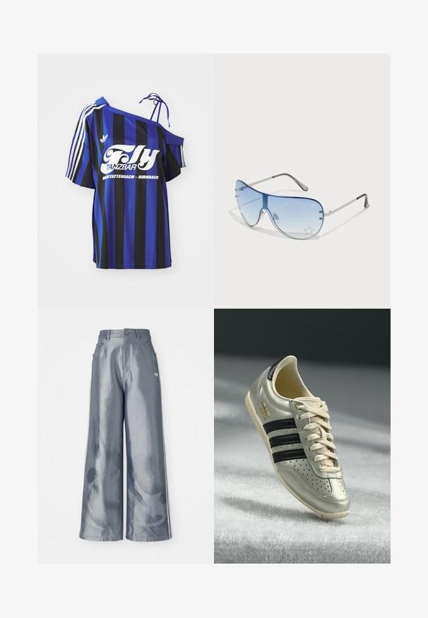 Modrá a čierna pruhovaná oversized košeľa s jedným ramienkom, ktorá má biele potlačené písmo a tri biele pruhy na rukáve.; Široké nohavice z lesklého šedého materiálu, s bielymi bočnými pruhmi a plamenným vzorom na dolnej časti nohavíc. Zapínanie na gombík a zips v páse.; Svetlo šedé kožené tenisky s čiernymi pruhmi, perforovanými detailmi, béžovými šnúrkami a zlatou nášivkou. Textúrovaná gumová podrážka.; Pilotné slnečné okuliare s prechodovým modrým sklom, strieborným kovovým rámom a ozdobnými hviezdičkovými akcentmi na sklách. Hladký a elegantný dizajn.