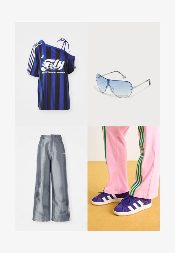 Plava i crna prugasta oversized košulja s jednim otvorenim ramenom, koja sadrži bijeli otisak teksta i tri bijele pruge na rukavu.; Hlače širokih nogavica od sjajnog sivog materijala, s bijelim bočnim prugama i uzorkom plamena na donjem dijelu nogavica. Zatvaranje na gumb i patentni zatvarač u struku.; Ljubičaste suede tenisice s bijelim trakama, uparene s ružičastim trenirkama sa zelenim bočnim trakama, na žutom podu.; Naočale tipa avijatičar s gradijentnim plavim staklima, okvirom od srebrnog metala i dekorativnim zvjezdastim naglascima na staklima. Glatki i elegantni dizajn.