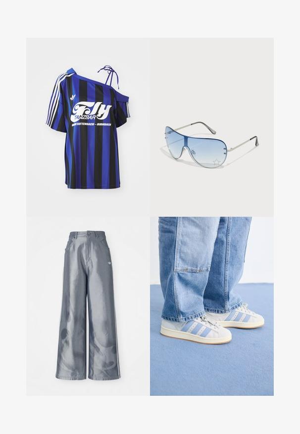 Blå og svart stripete oversized skjorte med én av skulderen-design, med hvit trykt tekst og tre hvite striper på ermet.; Vide benbukser i skinnende grå materiale, med hvide sidestriber og et flammemønster på de nederste ben. Knap- og lynlåslukning i taljen.; Lyse grå sneakers med blå striper, glatt semsket skinnmateriale, rund tå og hvite gummisåler; kombinert med lyseblå jeans.; Pilotbriller med gradient blå linse, sølvfarget metallramme og dekorative stjerneaksenter på linsen. Glatt og stilren design.