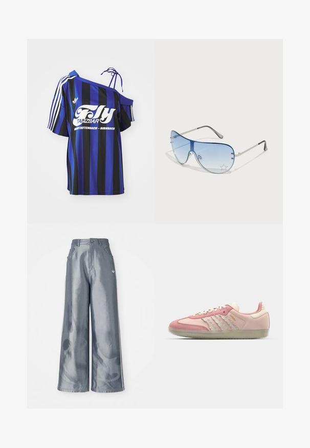 Niebieska i czarna, w paski oversize'owa koszula z jednym odkrytym ramieniem, z białym nadrukowanym tekstem i trzema białymi paskami na rękawie.; Szerokie spodnie w błyszczącym szarym kolorze, z białymi paskami po bokach i wzorem płomieni na dolnej części nogawek. Zapięcie na guzik i zamek błyskawiczny w talii.; adidas Originals SAMBA OG nude; Okulary przeciwsłoneczne typu aviator z gradientowymi niebieskimi szkłami, srebrną metalową oprawą oraz dekoracyjnymi akcentami w kształcie gwiazdek na soczewkach. Gładki i elegancki design.