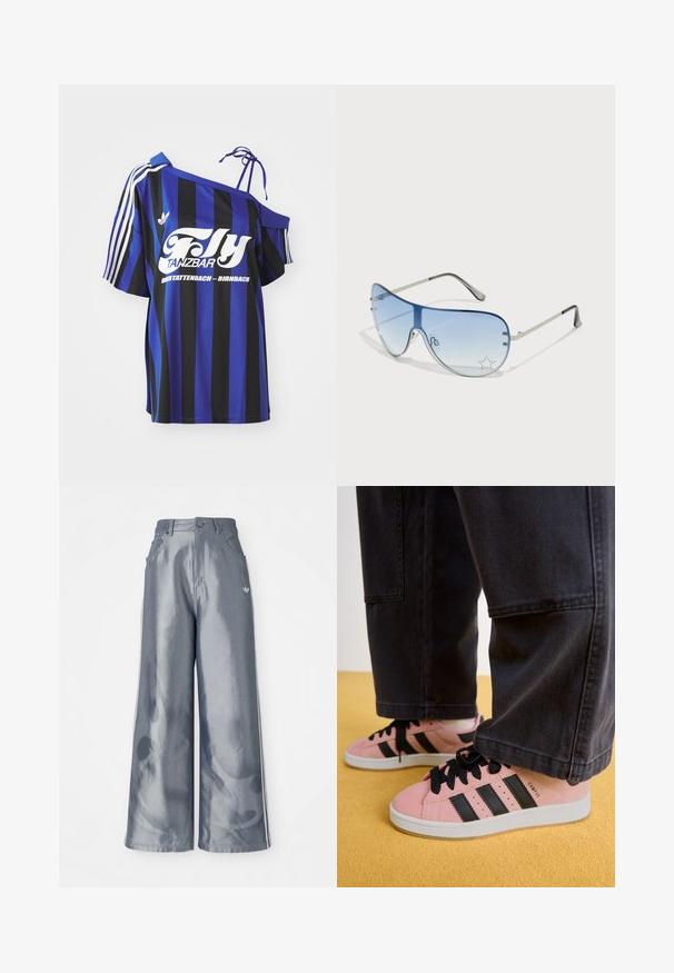 Sinine ja must triibuline üle mõõtme särk, millel on üks õlariba disain, sisaldab valget prinditud teksti ja kolme valget triipu varrukal.; Laiad püksid läikivast hallist materjalist, valgete külgtriipudega ja põlevate mustritega alumistes jalgades. Nööp ja lukku kinnitamine vööl.; Roosad nahast tossud mustade triipudega ja mustade paelatega. Tallad on valged. Kombineeritud mustade laiade pükstega kollase põranda peal.; Aviatori prillid, millel on gradient sinine objektiiv, hõbedane metallraam ja dekoratiivsed staaraktsendid objektiivil. Sujuv ja stiilne disain.