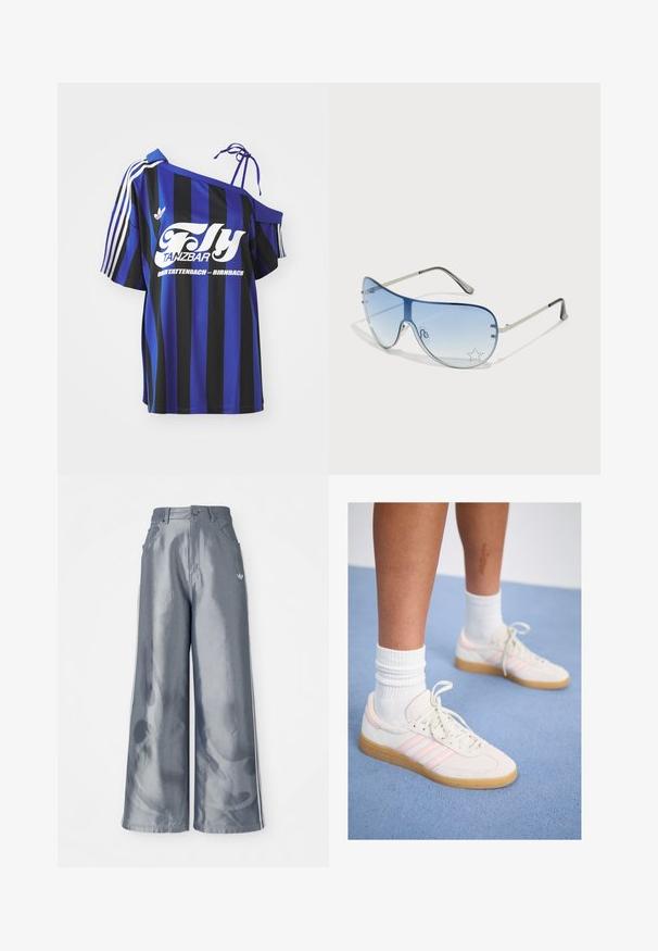 Blå og svart stripete oversized skjorte med én av skulderen-design, med hvit trykt tekst og tre hvite striper på ermet.; Vide benbukser i skinnende grå materiale, med hvide sidestriber og et flammemønster på de nederste ben. Knap- og lynlåslukning i taljen.; Hvite og rosa semsket sneakers med tre rosa striper, lyst beige gummisåle, og hvite ribbestrikkede sokker. Plassert på blått teppe.; Pilotbriller med gradient blå linse, sølvfarget metallramme og dekorative stjerneaksenter på linsen. Glatt og stilren design.
