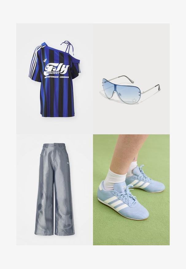 Plava i crna prugasta oversized košulja s jednim otvorenim ramenom, koja sadrži bijeli otisak teksta i tri bijele pruge na rukavu.; Hlače širokih nogavica od sjajnog sivog materijala, s bijelim bočnim prugama i uzorkom plamena na donjem dijelu nogavica. Zatvaranje na gumb i patentni zatvarač u struku.; Svijetloplave atletske tenisice s bijelim prugama i brandingom. Imaju teksturiranu kožu, dizajn s vezicama i gumeni potplat. Nosi se s bijelim čarapama.; Naočale tipa avijatičar s gradijentnim plavim staklima, okvirom od srebrnog metala i dekorativnim zvjezdastim naglascima na staklima. Glatki i elegantni dizajn.