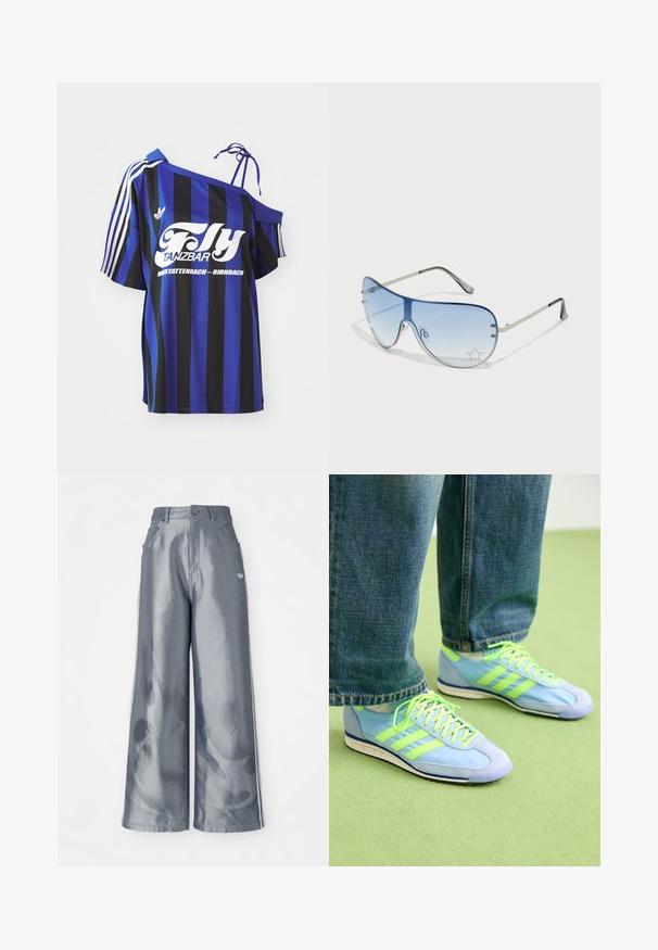 Μπλε και μαύρη ριγωτή oversized μπλούζα με ένα σχέδιο εκτεθειμένου ώμου, που διαθέτει λευκό εκτυπωμένο κείμενο και τρεις λευκές ρίγες στην μανσέτα.; Παντελόνια με φαρδιά πόδια από γυαλιστερό γκρι υλικό, που διαθέτουν άσπρες λωρίδες στα πλάγια και σχέδιο φλόγας στα κάτω άκρα. Κλείσιμο με κουμπί και φερμουάρ στη μέση.; Ανοιχτό μπλε αθλητικά παπούτσια με πράσινες λεπτομέρειες, από σουέτ και συνθετικό υλικό, με τρεις ρίγες και υφή στην σόλα. Συνδυασμένα με χαλαρούς τζιν παντελόνες.; Γυαλιά ηλίου aviator με γκριδενά μπλε φακούς, ασημένιο μεταλλικό σκελετό και διακοσμητικά αστέρια στους φακούς. Λείος και κομψός σχεδιασμός.