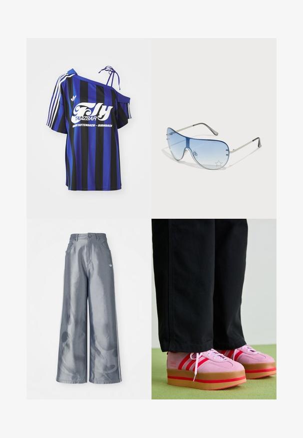 Zila un melna svītrota pārāk liela krekla ar vienu plecu atklāšanu, ar baltu drukātu tekstu un trim baltām svītrām uz piedurknes.; Platas kājas bikses no spīdīga pelēka materiāla, ar baltām sānu svītrām un liesmu rakstu apakšējā kāju daļā. Pogas un rāvējslēdzēja aizdare jostasvietā.; Rozā zamšādas platformas sporta apavi ar sarkaniem akcentiem un trim svītrām, kas aprīkoti ar biezu caurspīdīgu gumijas zoli, kombinēti ar melniem biksēm.; Pilotstila saulesbrilles ar gradienta zilām lēcām, sudraba metāla rāmjiem un dekoratīvām zvaigžņu akcentiem uz lēcām. Gluda un eleganta dizaina.