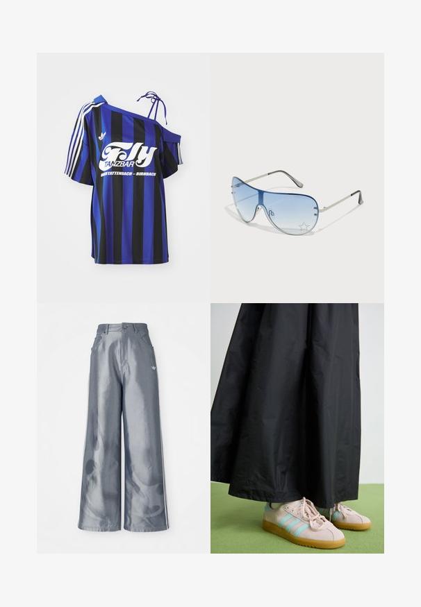 Blue and black striped oversized shirt with one off-shoulder design, featuring white printed text and three white stripes on the sleeve.; Wide-leg pants in shiny gray material, featuring white side stripes and a flame pattern on the lower legs. Button and zipper closure at the waist.; Pink suede shoes with blue stripes, paired with a long black, crinkled fabric skirt. The background features a green floor.; Aviator sunglasses featuring a gradient blue lens, silver metal frame, and decorative star accents on the lens. Smooth and sleek design.; Silver earrings featuring two teardrop shapes and two rounded shapes, all with a polished, reflective surface and smooth texture.