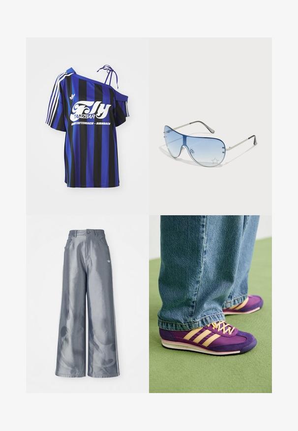 Modrá a černá pruhovaná oversized košile s jedním ramínkem, která má bíle potištěný text a tři bílé pruhy na rukávu.; Kalhoty s širokými nohavicemi z lesklého šedého materiálu, se bílými bočními pruhy a plamenným vzorem na spodní části nohavic. Zapínání na knoflík a zip v pase.; Osoba v purpurových a béžových teniskách Adidas se šňůrkami, stojící na zeleném koberci, v modrých džínách, které zakrývají vrchní část bot.; Pilotské sluneční brýle s modrými gradientními skly, stříbrným kovovým rámem a dekorativními hvězdnými akcenty na sklech. Hladký a elegantní design.