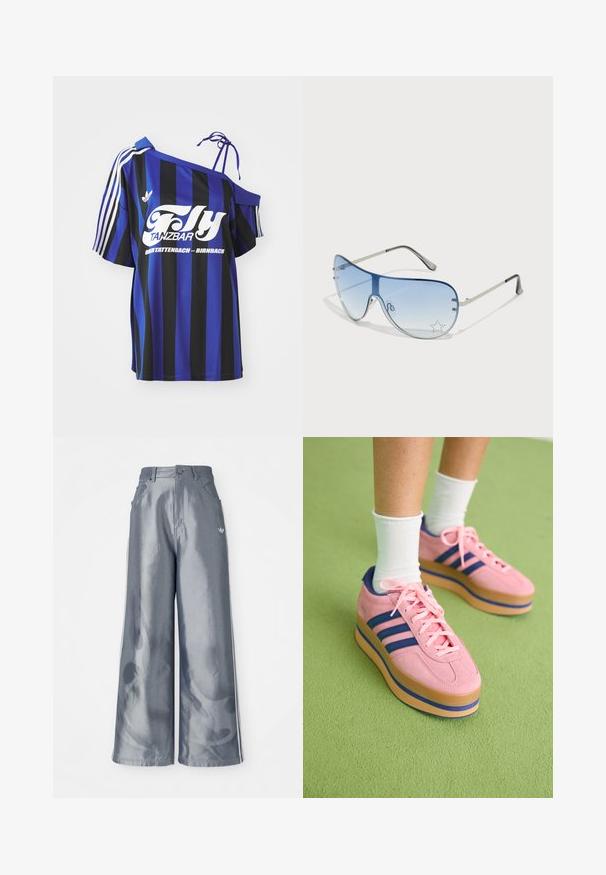 Modra in črna črtasta oversized srajca z enim naramnim dizajnom, ki vsebuje bel tiskano besedilo in tri bele črte na rokavu.; Hlače širokega kroja iz sijočega sivega materiala, z belimi bočnimi črtami in vzorcem ognjene na spodnjem delu nogavic. Zapenjanje z gumbom in zadrgo v predelu pasu.; Rožnate suede platform tenisice z modrimi črtami in rožnatimi vezalkami. Debel svetlo rjav podplat z modrim poudarkom. Nosijo se z belimi gležnjarji na zeleni podlagi.; Pilotne sončne očala z gradijentnimi modrimi lečami, srebrnim kovinskim okvirjem in okrasnimi zvezdastimi detajli na lečah. Gladek in eleganten dizajn.