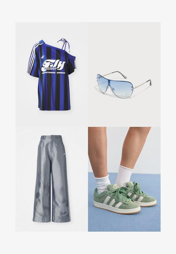 Modra in črna črtasta oversized srajca z enim naramnim dizajnom, ki vsebuje bel tiskano besedilo in tri bele črte na rokavu.; Hlače širokega kroja iz sijočega sivega materiala, z belimi bočnimi črtami in vzorcem ognjene na spodnjem delu nogavic. Zapenjanje z gumbom in zadrgo v predelu pasu.; Zelene semišne teniske z belimi črtami. Imajo okroglo vezalko, teksturiran jezik in krožno logotip na jeziku.; Pilotne sončne očala z gradijentnimi modrimi lečami, srebrnim kovinskim okvirjem in okrasnimi zvezdastimi detajli na lečah. Gladek in eleganten dizajn.