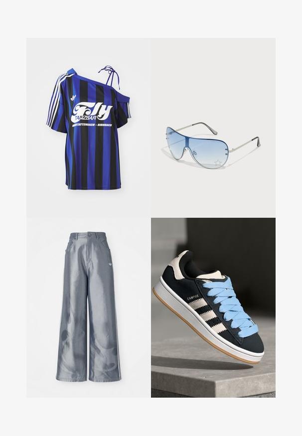 Blå og svart stripete oversized skjorte med én av skulderen-design, med hvit trykt tekst og tre hvite striper på ermet.; Vide benbukser i skinnende grå materiale, med hvide sidestriber og et flammemønster på de nederste ben. Knap- og lynlåslukning i taljen.; Sorte semskede sneakers med lyseblå snørebånd, tre hvite striper på siden og gummisåle. "CAMPUS"-logo nær hælen.; Pilotbriller med gradient blå linse, sølvfarget metallramme og dekorative stjerneaksenter på linsen. Glatt og stilren design.