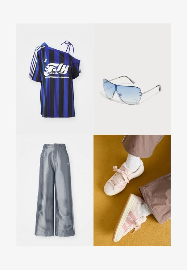 Cămașă supradimensionată cu dungi albastre și negre, având un design cu umăr descoperit, prezentând text imprimat alb și trei dungi albe pe mânecă.; Pantaloni cu picioare largi din material lucios gri, având dungi laterale albe și un model cu flăcări pe picioarele inferioare. Închidere cu nasture și fermoar la talie.; Adidași roz din suede cu dungi asortate, dantele albe și talpă crem. Purtați cu ciorapi albi și pantaloni maro largi pe un fundal galben.; Ochelari de soare aviator cu lentilă gradient albastră, ramă metalică argintie și accente decorative sub formă de stele pe lentilă. Design neted și elegant.