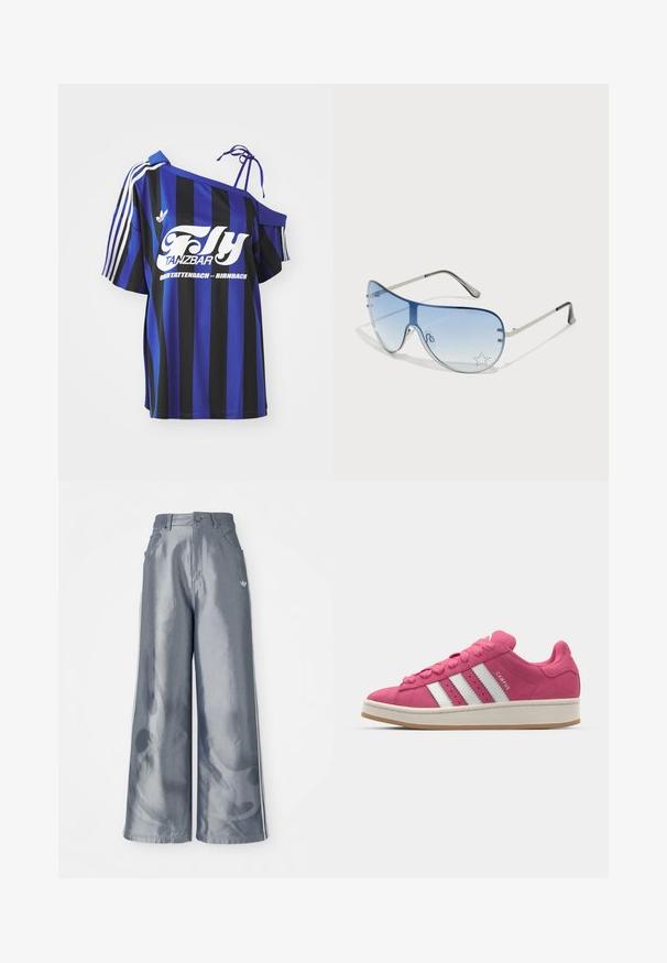 Niebieska i czarna, w paski oversize'owa koszula z jednym odkrytym ramieniem, z białym nadrukowanym tekstem i trzema białymi paskami na rękawie.; Szerokie spodnie w błyszczącym szarym kolorze, z białymi paskami po bokach i wzorem płomieni na dolnej części nogawek. Zapięcie na guzik i zamek błyskawiczny w talii.; adidas Originals - Obuwie deskorolkowe; Okulary przeciwsłoneczne typu aviator z gradientowymi niebieskimi szkłami, srebrną metalową oprawą oraz dekoracyjnymi akcentami w kształcie gwiazdek na soczewkach. Gładki i elegancki design.