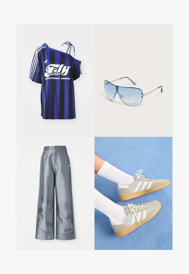 Cămașă supradimensionată cu dungi albastre și negre, având un design cu umăr descoperit, prezentând text imprimat alb și trei dungi albe pe mânecă.; Pantaloni cu picioare largi din material lucios gri, având dungi laterale albe și un model cu flăcări pe picioarele inferioare. Închidere cu nasture și fermoar la talie.; Adidași din suede gri deschis cu accente din cauciuc alb, având trei dungi albe și o talpă din cauciuc, purtați cu șosete albe pe un fundal albastru.; Ochelari de soare aviator cu lentilă gradient albastră, ramă metalică argintie și accente decorative sub formă de stele pe lentilă. Design neted și elegant.