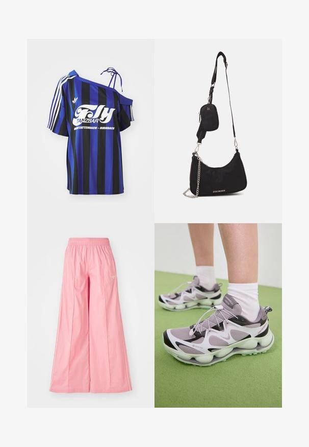 Cămașă supradimensionată cu dungi albastre și negre, având un design cu umăr descoperit, prezentând text imprimat alb și trei dungi albe pe mânecă.; Pantaloni roz cu picioare largi, confecționați dintr-un material ușor, având o talie elastică și dungi albe subtiri pe lateral. Logo mic pe față.; Încălțăminte sportivă GORE-TEX de culoare violet deschis, cu partea superioară din plasă texturată, accente negre și o talpă sculptată. Are șireturi elastice și guler căptușit.; Geantă de umăr din nailon negru, cu o formă curbată, accent din lanț argintiu, pouch mini detașabil și curea reglabilă; prezintă logo-ul "Steve Madden".