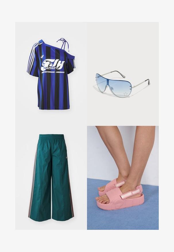 Plava i crna prugasta oversized košulja s jednim otvorenim ramenom, koja sadrži bijeli otisak teksta i tri bijele pruge na rukavu.; Tirkizne hlače širokih nogavica s elastičnim pojasom, s prugastim detaljima u ružičastoj i bijeloj boji sa strane, izrađene od laganog materijala.; Ružičaste gumene sandale za klizanje s teksturiranom gornjom stranom, podesivim remenom i debelim potplatom, prikazujući valovite uzorke i logo branda sa strane.; Naočale tipa avijatičar s gradijentnim plavim staklima, okvirom od srebrnog metala i dekorativnim zvjezdastim naglascima na staklima. Glatki i elegantni dizajn.