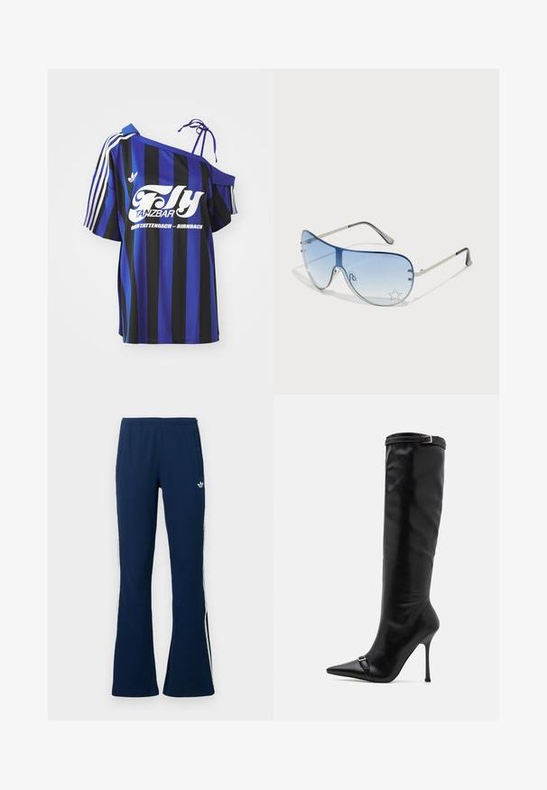 Blue and black striped oversized shirt with one off-shoulder design, featuring white printed text and three white stripes on the sleeve.; Navy blue ribbed flared track pants with white side stripes and an embroidered logo on the left side, featuring two side pockets.; Simmi London PALACE - Boots - black; Aviator sunglasses featuring a gradient blue lens, silver metal frame, and decorative star accents on the lens. Smooth and sleek design.