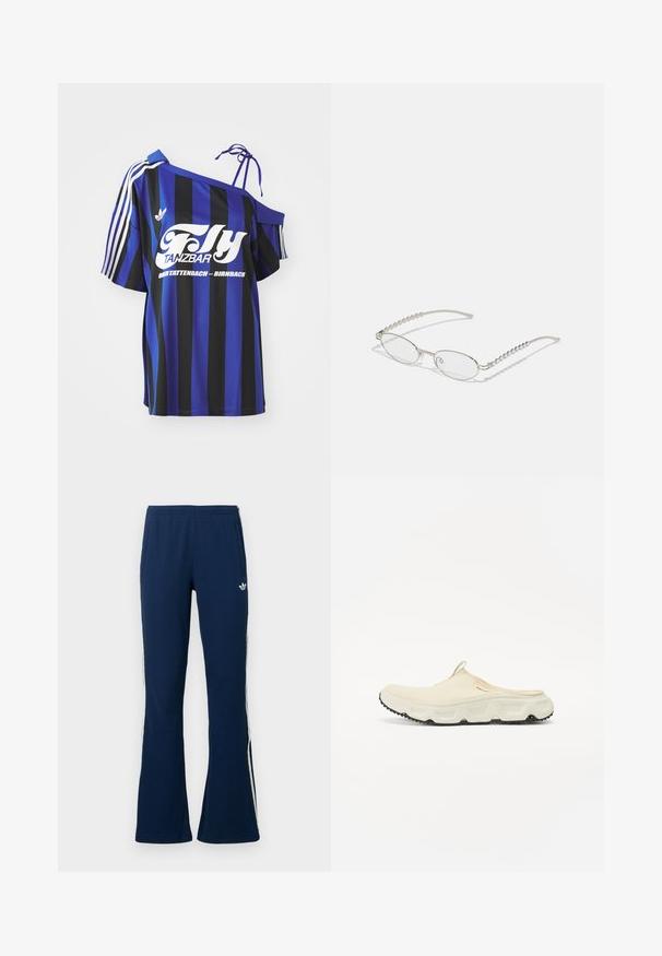 Blue and black striped oversized shirt with one off-shoulder design, featuring white printed text and three white stripes on the sleeve.; Navy blue ribbed flared track pants with white side stripes and an embroidered logo on the left side, featuring two side pockets.; Cream mesh slip-on shoe with a thick white sole and black textured outsole. Features a pull tab at the heel for easy wear.; Oval glasses with a metallic silver frame, clear lenses, and textured beaded temple accents. Lightweight design with curved arms.