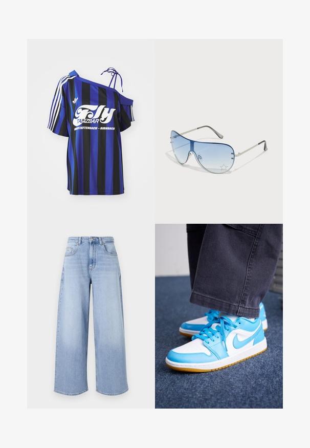 Plava i crna prugasta oversized košulja s jednim otvorenim ramenom, koja sadrži bijeli otisak teksta i tri bijele pruge na rukavu.; Svijetloplave široke traperice izrađene od denima. Imaju visoki struk, pet džepova i kopčanje na gumb. Sirove ivice na rubovima.; Plave i bijele kožne tenisice s gumenim potplatom, s teksturiranim panelima i usklađenim vezicama. Logo na strani, suptilno kontrastno šivanje.; Naočale tipa avijatičar s gradijentnim plavim staklima, okvirom od srebrnog metala i dekorativnim zvjezdastim naglascima na staklima. Glatki i elegantni dizajn.; Set srebrnih naušnica: dva ovalna studa i dva polumjesečasta obruča, s sjajnom, glatkom završnom obradom i zaobljenim dizajnom.