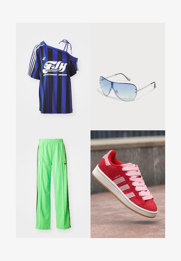Sinine ja must triibuline üle mõõtme särk, millel on üks õlariba disain, sisaldab valget prinditud teksti ja kolme valget triipu varrukal.; Roheline sportlikud püksid, mis on valmistatud siledast, kergest materjalist, mustade külgriipidega ja tikandiga logoga ees.; Punane sametist tennisekingad roosa aktsentidega, millel on kolm valget triipu ja heledad roosad paelad. Valge vaheosa ja kummist välispõhi.; Aviatori prillid, millel on gradient sinine objektiiv, hõbedane metallraam ja dekoratiivsed staaraktsendid objektiivil. Sujuv ja stiilne disain.