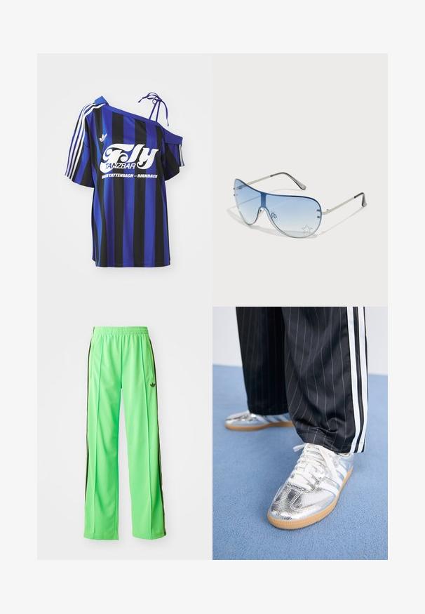 Blå og sort stribet oversized skjorte med en off-shoulder design, som har hvidt trykt tekst og tre hvide striber på ærmet.; Grønne atletiske bukser lavet af glat, let materiale, med sorte sidestriber og et broderet logo på fronten.; Metalisk sølv sneakers med hvide snørebånd og tre hvide striber, kombineret med sorte stribede bukser. Gummisål som accent nederst.; Aviator-solbriller med gradient blå linser, sølvmetalramme og dekorative stjerneakcenter på linserne. Glat og strømlinet design.