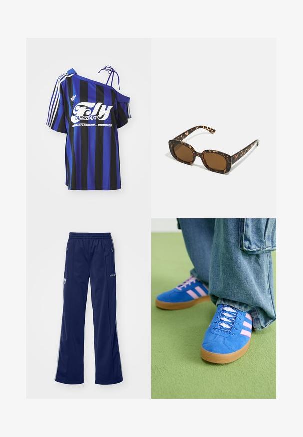 Blauw- en zwartgestreept oversized shirt met één schouderontwerp, voorzien van witte bedrukte tekst en drie witte strepen op de mouw.; Marineblauwe sportbroek met een elastische tailleband, zijzakken met rits en zilveren accenten. Voorzien van een logo op de bovenbeen en wijde pijpen.; Blauwe suède schoenen met roze strepen en witte veters, voorzien van een gumrubberen zool, gecombineerd met losse denim broek op een groene ondergrond.; Tortoiseshell zonnebril met een ronde, stevige montuur en bruine lenzen. Heeft subtiele patronen en rechte, taps toelopende veren.
