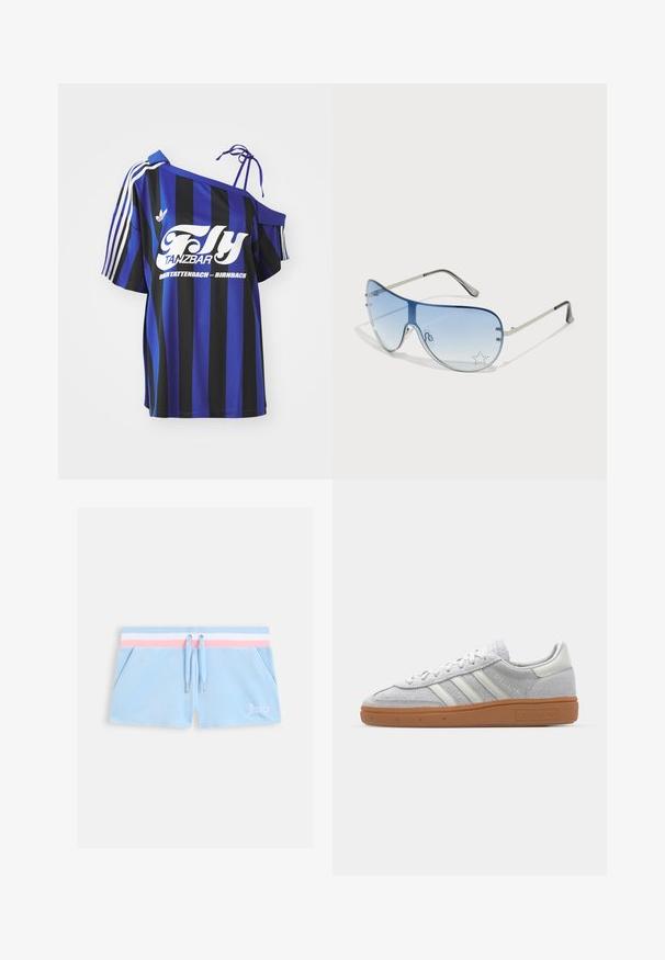 Plava i crna prugasta oversized košulja s jednim otvorenim ramenom, koja sadrži bijeli otisak teksta i tri bijele pruge na rukavu.; Svijetloplave velurove kratke hlače sa širokim pojasom u ružičasto-bijele pruge, vezanjem s vrpcom i bočnim džepovima. Na njima je bijelim nitima izvezen natpis "Juicy".; Svijetlosivi nubuk tenisice s bijelim kožnim detaljima, tri bijele pruge i smeđa gumena potplat, s podstavljenim ovratnikom radi udobnosti.; Naočale tipa avijatičar s gradijentnim plavim staklima, okvirom od srebrnog metala i dekorativnim zvjezdastim naglascima na staklima. Glatki i elegantni dizajn.