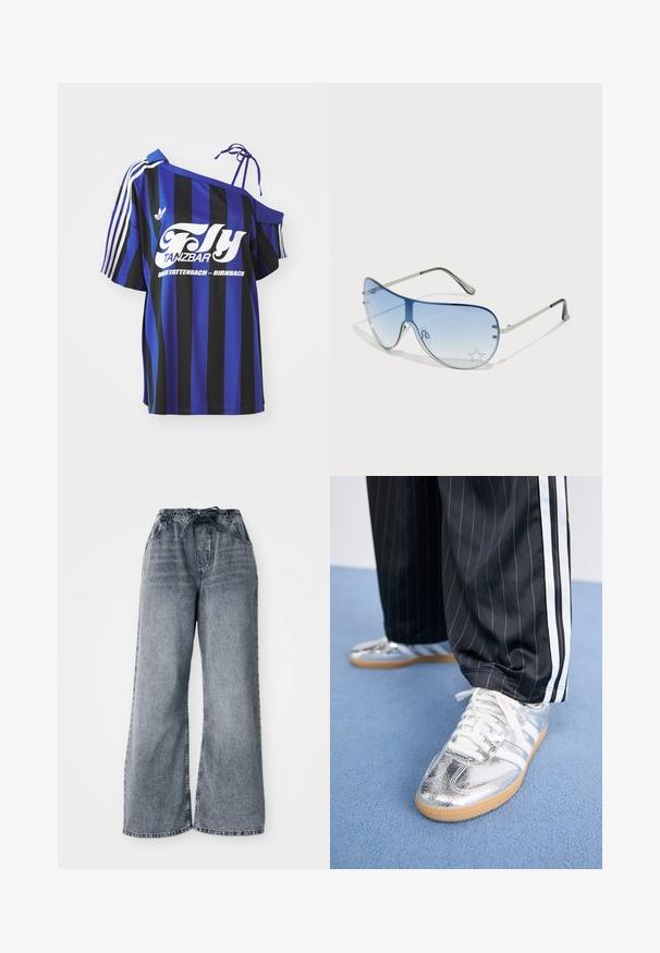 Sinine ja must triibuline üle mõõtme särk, millel on üks õlariba disain, sisaldab valget prinditud teksti ja kolme valget triipu varrukal.; Hallid hallid laiad denim-püksid elastse vöökoha, paelaga sulgemise ja küljetaskutega. Kanga peal on tuhm tekstuur.; Metallik hõbedased jooksuketsid valgete paeltega ja kolme valge triibuga, mille juurde on sobitatud mustad triibulised püksid. Allosas kummist tallaga aktsent.; Aviatori prillid, millel on gradient sinine objektiiv, hõbedane metallraam ja dekoratiivsed staaraktsendid objektiivil. Sujuv ja stiilne disain.