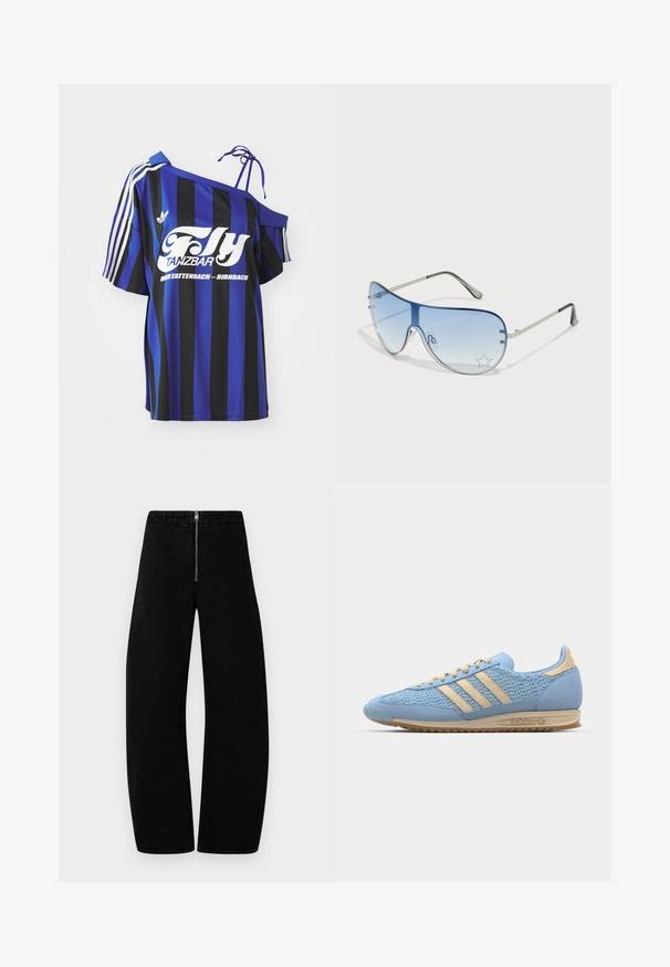Niebieska i czarna, w paski oversize'owa koszula z jednym odkrytym ramieniem, z białym nadrukowanym tekstem i trzema białymi paskami na rękawie.; Czarne dżinsy z zamkiem błyskawicznym, szerokimi nogawkami i gładką fakturą. Brak widocznych wzorów czy ozdób. Czysta i prosta sylwetka.; Jasnoniebieski but sportowy z teksturowaną cholewką, akcentami z kremowego zamszu, trzema charakterystycznymi paskami i gumową podeszwą.; Okulary przeciwsłoneczne typu aviator z gradientowymi niebieskimi szkłami, srebrną metalową oprawą oraz dekoracyjnymi akcentami w kształcie gwiazdek na soczewkach. Gładki i elegancki design.