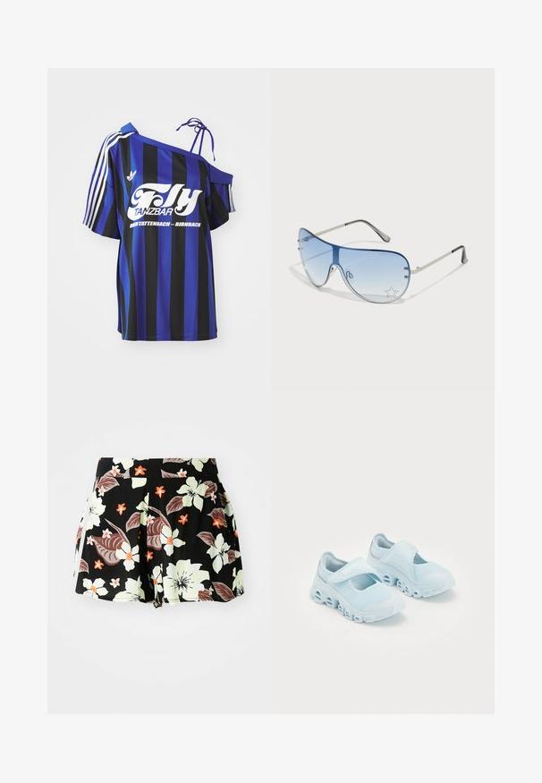 Kék és fekete csíkos, oversized ing, egy vállról lelógó dizájnnal, fehér nyomtatott szöveggel és három fehér csíkkal az ujján.; Fekete virágmintás rövidnadrág, nagy világoszöld és narancssárga virágokkal, sötét levelekkel, plisszírozott dizájnnal és zsebekkel az oldalán.; Világoskék sportcipők hálós anyagból, hangsúlyos kivágásokkal a talpban, és tépőzáras pánttal a tetején a biztos illeszkedés érdekében.; Pilóta napszemüveg, melynek áttetsző kék lencséje, ezüst fém kerete és díszes csillag díszítések találhatók a lencsén. Simogató és elegáns dizájn.