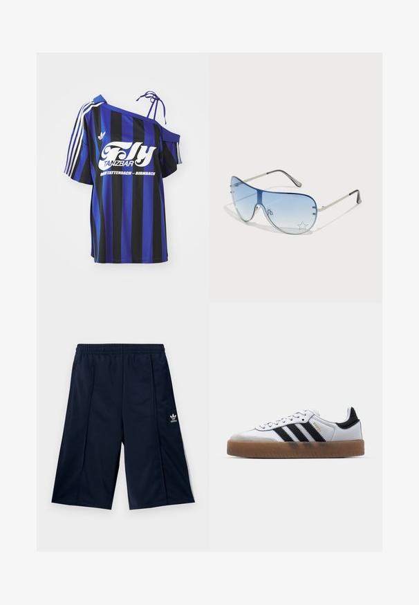 Blue and black striped oversized shirt with one off-shoulder design, featuring white printed text and three white stripes on the sleeve.; Navy blue athletic shorts with an elastic waistband and side pockets, featuring a white Adidas logo on the lower left leg.; White leather sneakers with black stripes, gum rubber outsole, round toe, lace-up closure, and soft gray suede toe cap.; Aviator sunglasses featuring a gradient blue lens, silver metal frame, and decorative star accents on the lens. Smooth and sleek design.