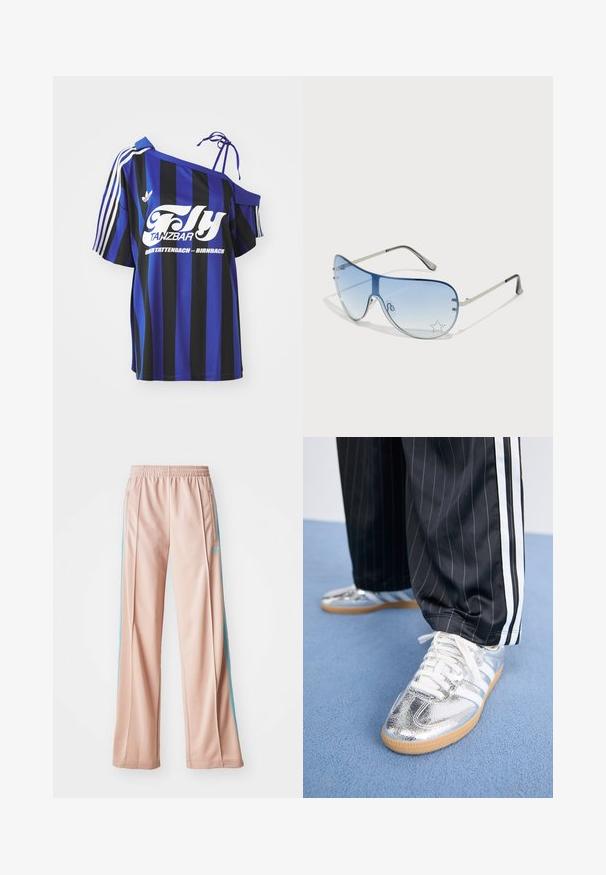 Zila un melna svītrota pārāk liela krekla ar vienu plecu atklāšanu, ar baltu drukātu tekstu un trim baltām svītrām uz piedurknes.; Gaiši rozā sporta bikses ar brīvu piegriezumu, ar ziliem sānu svītrainiem un aukliņu jostu. Izgatavotas no gludas, vieglas auduma.; Metāliski sudraba sporta apavi ar baltām auklām un trim baltām svītrām, savienoti ar melnām svītrainām biksēm. Gumijas zole apakšā.; Pilotstila saulesbrilles ar gradienta zilām lēcām, sudraba metāla rāmjiem un dekoratīvām zvaigžņu akcentiem uz lēcām. Gluda un eleganta dizaina.