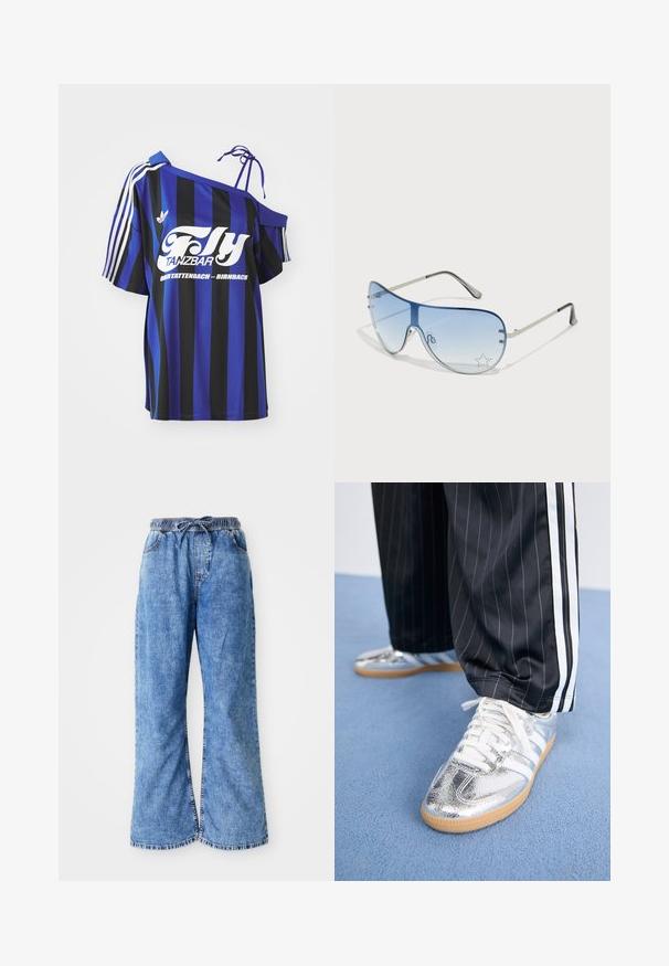 Kék és fekete csíkos, oversized ing, egy vállról lelógó dizájnnal, fehér nyomtatott szöveggel és három fehér csíkkal az ujján.; Világoskék farmer széles szárú nadrág, rugalmas derékkal és zsinórral. Két cérna öltéssel varrt varrásokkal és nyers szegéllyel rendelkezik. Zsebek nem láthatók.; Fémes ezüst színű sneaker cipők fehér fűzőkkel és három fehér csíkkal, fekete csíkozott nadrággal párosítva. Az alján gumi talp kiemelés.; Pilóta napszemüveg, melynek áttetsző kék lencséje, ezüst fém kerete és díszes csillag díszítések találhatók a lencsén. Simogató és elegáns dizájn.