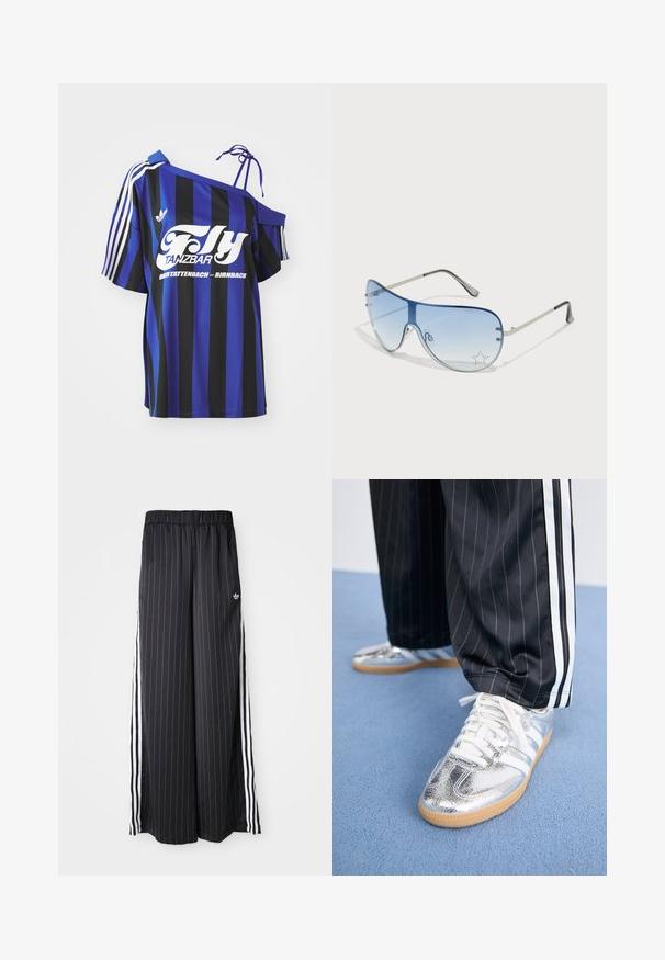 Μπλε και μαύρη ριγωτή oversized μπλούζα με ένα σχέδιο εκτεθειμένου ώμου, που διαθέτει λευκό εκτυπωμένο κείμενο και τρεις λευκές ρίγες στην μανσέτα.; Μαύρο παντελόνι σε φαρδιά γραμμή με κάθετες λευκές ρίγες, ελαστική μέση και τρεις λευκές ρίγες στο πλάι. Λογότυπο Adidas στο μπροστινό μέρος.; Μεταλλικά ασημί αθλητικά παπούτσια με λευκές κορδόνες και τρεις λευκές ρίγες, συνδυασμένα με μαύρο παντελόνι με ρίγες. Έντονη σόλα από τσίχλα στο κάτω μέρος.; Γυαλιά ηλίου aviator με γκριδενά μπλε φακούς, ασημένιο μεταλλικό σκελετό και διακοσμητικά αστέρια στους φακούς. Λείος και κομψός σχεδιασμός.