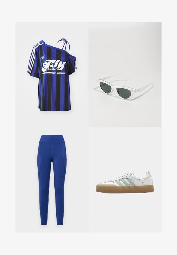 Blå och svart randig oversized skjorta med en off-shoulder design, prydd med vit tryckt text och tre vita ränder på ärmen.; Marinblå träningsleggings med hög midja, sidofickor och diskret branding. Tillverkade av stretchigt, slätt tyg med en figursydd passform.; Vit sneaker med gröna detaljer, tre ränder, blommönster och en gummisula. Har en rundad tå och snörning.; Vita katögon solglasögon med mörka linser, guldfärgade detaljer på ramen och logotypdekoration på sidan. Slät plastmaterial.