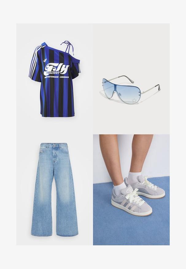 Camisa de gran tamaño a rayas azul y negra con un diseño de un solo hombro, que presenta texto impreso en blanco y tres rayas blancas en la manga.; Jeans de pierna ancha de color azul claro, fabricados en denim. Cuentan con un diseño clásico de cinco bolsillos, cierre de botón y zonas desgastadas para un aspecto vintage.; Zapatillas de ante gris con cordones blancos y suela de goma, que cuentan con tres rayas diagonales en el costado y un parche con el logotipo en la lengüeta.; Gafas de sol tipo aviador con lentes azul degradado, montura de metal plateado y acentos decorativos de estrellas en los lentes. Diseño suave y elegante.