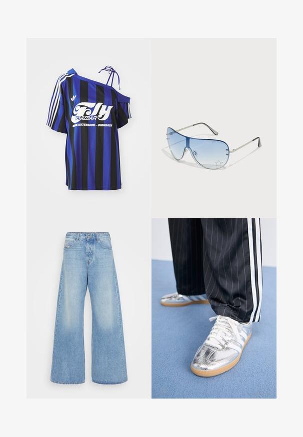 Modrá a čierna pruhovaná oversized košeľa s jedným ramienkom, ktorá má biele potlačené písmo a tri biele pruhy na rukáve.; Svetlomodré široké džínsy vyrobené z denimu. Obsahujú klasický dizajn s piatimi vreckami, zapínanie na gombík a zosvetlené oblasti pre vintage vzhľad.; Metalické strieborné tenisky s bielymi šnúrkami a tromi bielymi pruhmi, v kombinácii s čiernymi pruhovanými nohavicami. Na spodnej strane je gumová podrážka.; Pilotné slnečné okuliare s prechodovým modrým sklom, strieborným kovovým rámom a ozdobnými hviezdičkovými akcentmi na sklách. Hladký a elegantný dizajn.