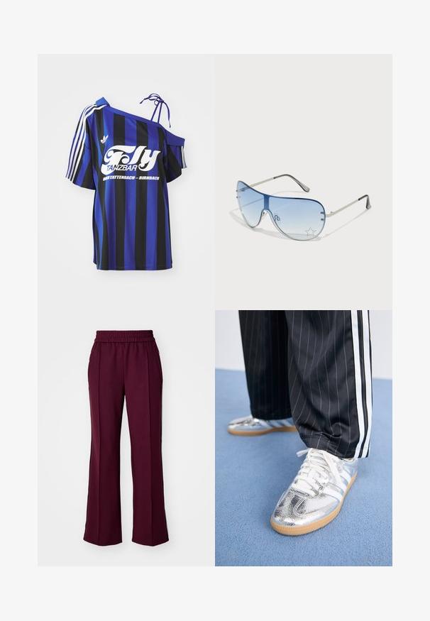 Blue and black striped oversized shirt with one off-shoulder design, featuring white printed text and three white stripes on the sleeve.; Maroon wide-leg pants with an elastic waistband, side pockets, and contrasting black side stripes. Smooth fabric with a slight sheen.; Metallic silver sneakers with white laces and three white stripes, paired with black pinstriped pants. Gum sole accent at the bottom.; Aviator sunglasses featuring a gradient blue lens, silver metal frame, and decorative star accents on the lens. Smooth and sleek design.