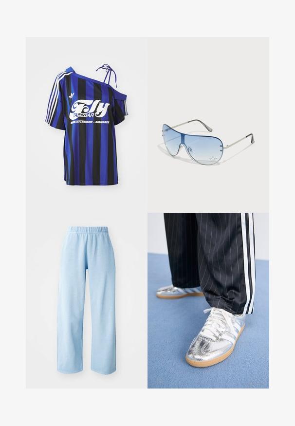 Zila un melna svītrota pārāk liela krekla ar vienu plecu atklāšanu, ar baltu drukātu tekstu un trim baltām svītrām uz piedurknes.; Gaiši zili, plati bikses ar elastīgu jostasvietu. Izgatavotas no mīksta auduma, ar vienmērīgu tekstūru un bez redzamām rakstu vai akcentu detaļām.; Metāliski sudraba sporta apavi ar baltām auklām un trim baltām svītrām, savienoti ar melnām svītrainām biksēm. Gumijas zole apakšā.; Pilotstila saulesbrilles ar gradienta zilām lēcām, sudraba metāla rāmjiem un dekoratīvām zvaigžņu akcentiem uz lēcām. Gluda un eleganta dizaina.